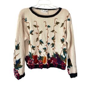 Marisa Christina Petite Hand Knit Embroidered Grape Wine Fall Sweater PL Leaves